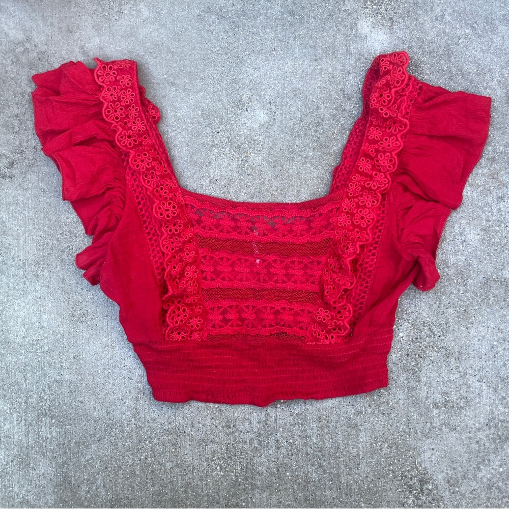 Free People Red Lace Ruffle Crop Top